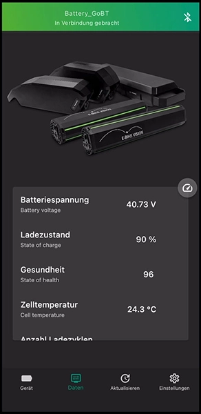 App Ansicht - Werte der Batterie in Tabelle